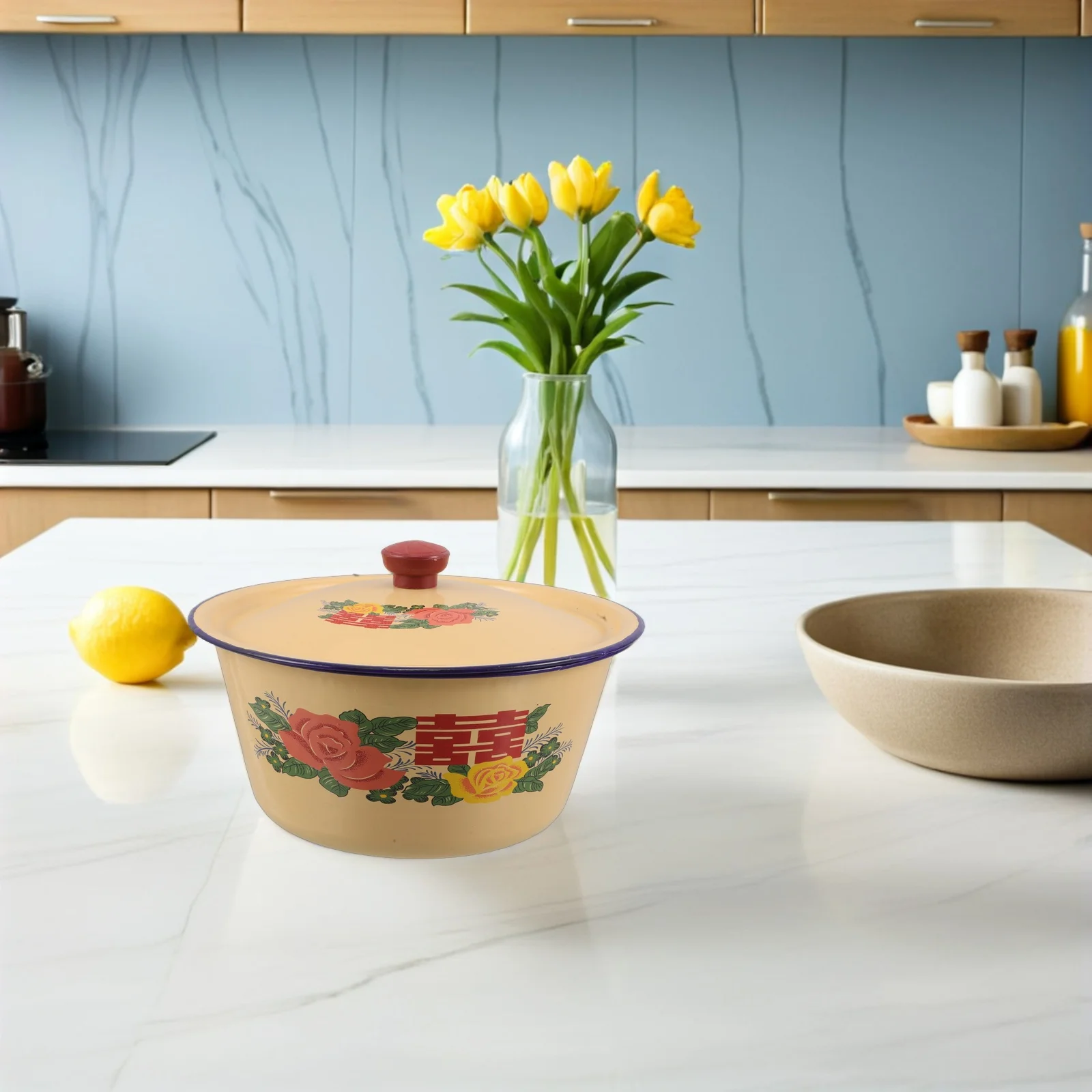 

Enamel Basin Yellow Vintage Kitchen Bowl Metal 23cm Large Mixing Soup Salad Noodles Wash Bowl Lid Soup Bowls Enamelware Pot