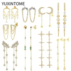 925 Sterling Silver Needle Exquisite Long Chain Tassel Stud Earrings For Women Geometry Crystal Pendant Earrings Luxury Jewelry