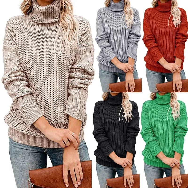 Autumn and winter women's long sleeved twisted flower high neck sweater, women's pullover sweater, knitted sweater