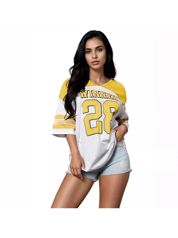 Winner No.28 Printed Women'S Jersey T-Shirt V-Neck Oversized Loose Short Sleeved Sportswear Summer Fashion First Women'S Top