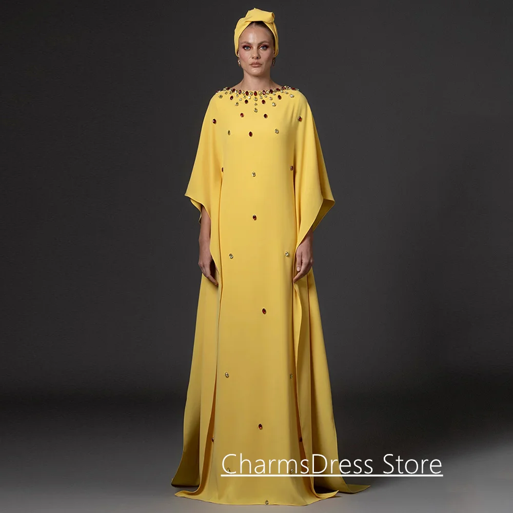 

Yellow Evening Dress Colorful Stones Customized Scoop Neck Batwing Sleeves Loose Prom Gown Saudi Arabian Party Dresses