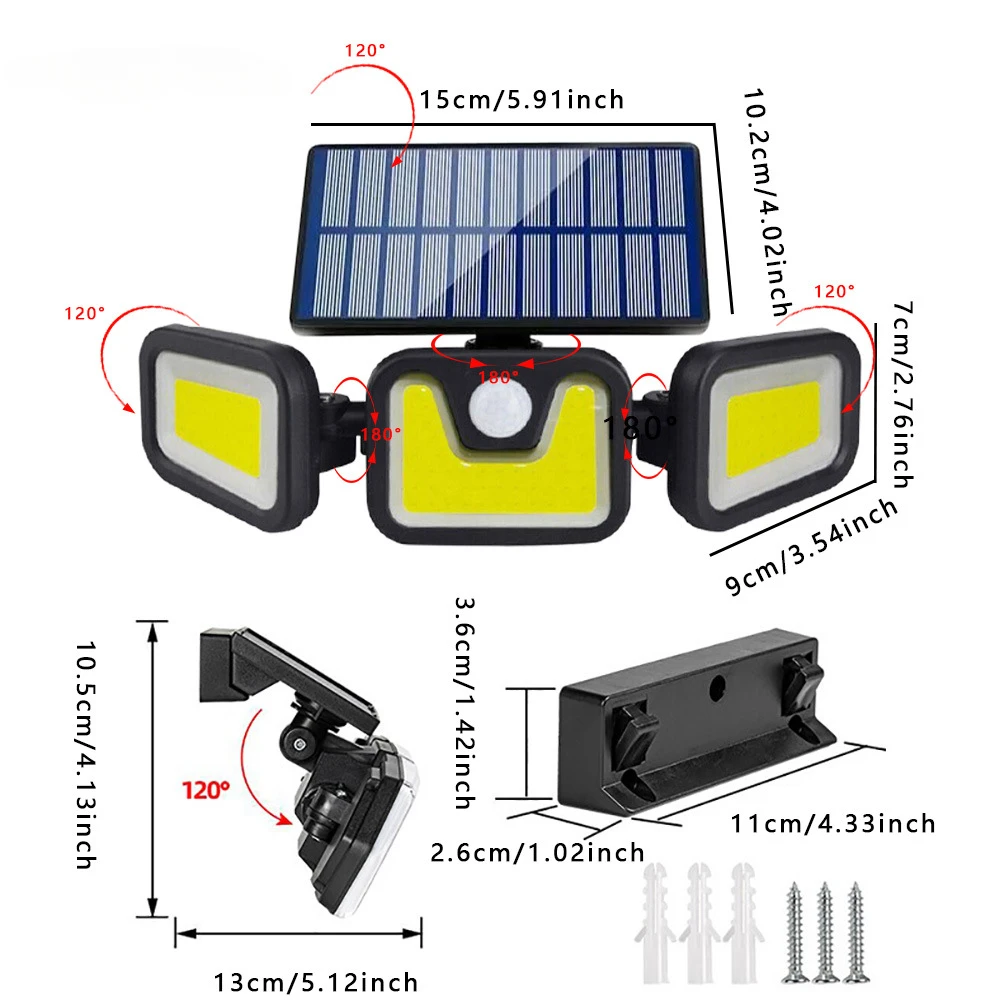 Solar Wall Light LED Three Head Rotatable Split Body Integrated Outdoor Waterproof Human Sensing Courtyard Street Light