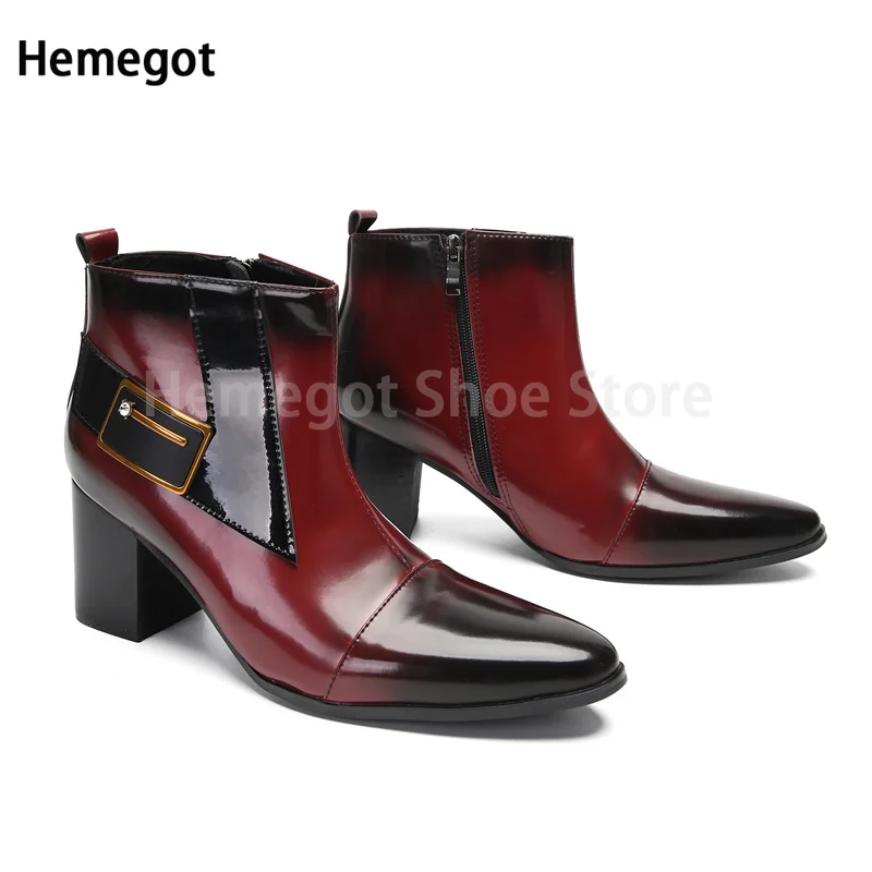 

Winter Pointed Toe Mens Mid-Calf Boots Increased High Heel Side Zipper Fashion Leather Boots Banquet Bar Boot Black Red Shoes