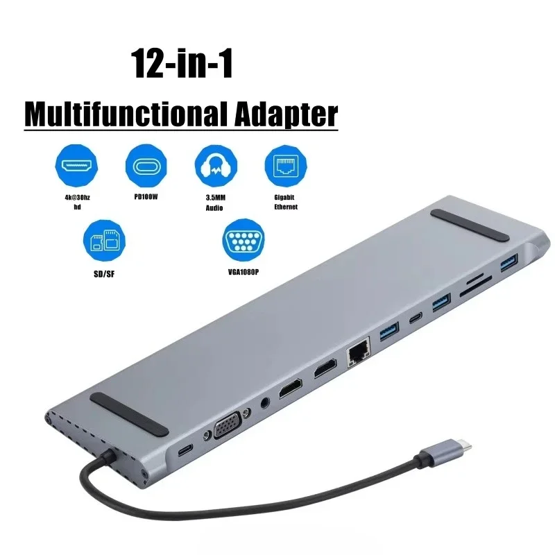12-in-1 Multiport USB-C Docking Station Triple Monitor Output 2 HD-Compatible VGA USB2.0/3.0 100M RJ45 SD TF PD Adapter