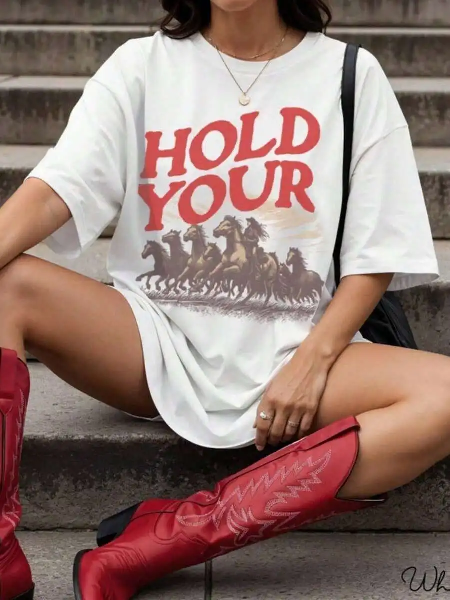 

Hold Your Horses Western Graphic Tee Country Concert Outfit Women Oversized T-Shirt
