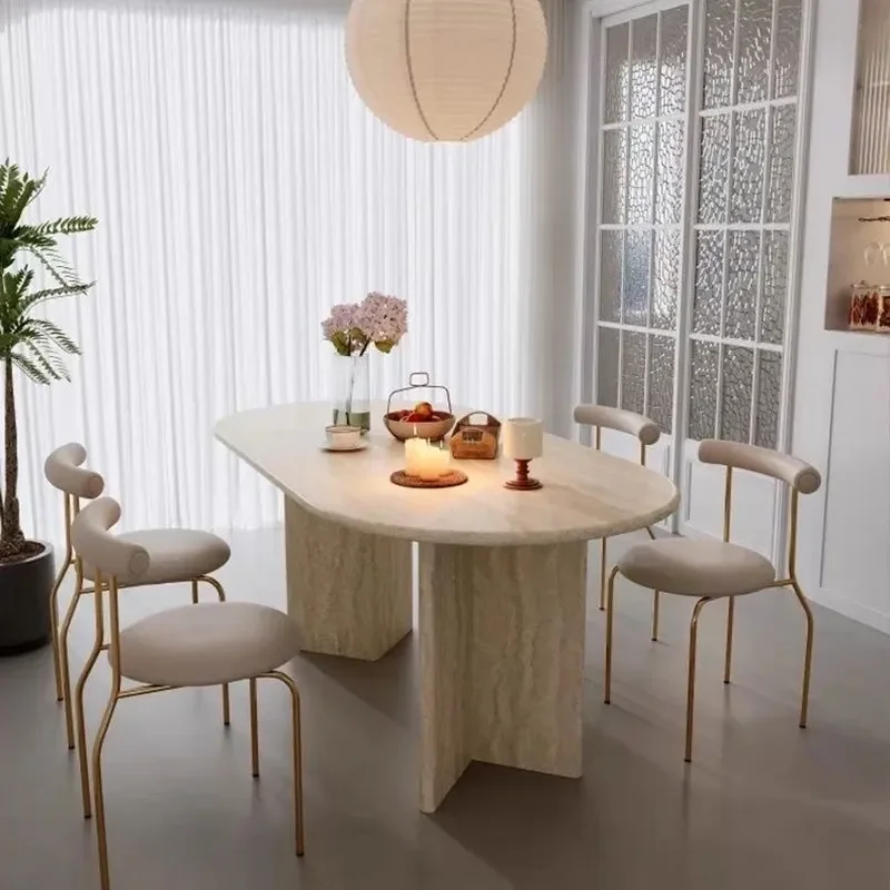 Modern French Minimalist Travertine Marble Oval Dining Table Set with Chairs Light Luxury Small Apartment Household Furniture