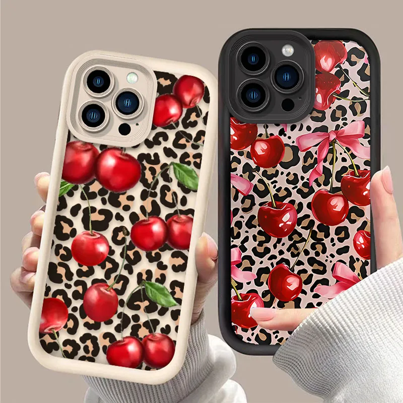 Cherry Leopard Print Bow Case For iPhone 15 16 14 13 12 11 Pro Max X XS X S Max XR SE 2020 7 8 Plus iphone16 Soft Silicone Cover