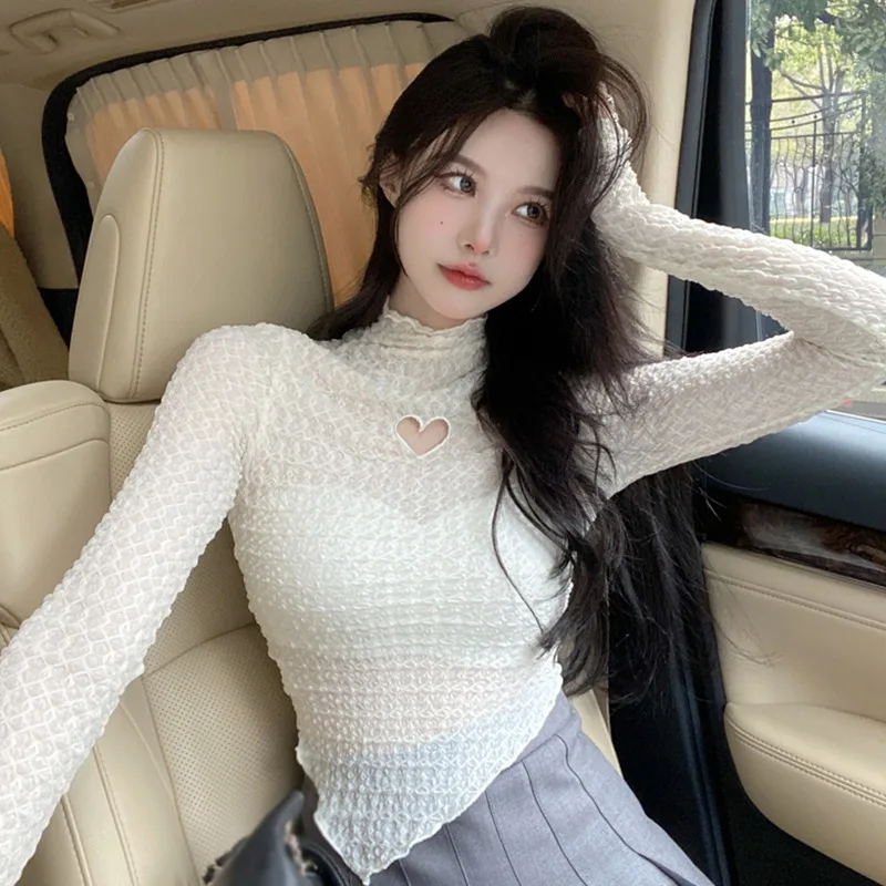 Women\'s Tops Half High Collar Love Hollow Out Irregular Slim Sweet Long Sleeves Lace T-Shirt Solid Color