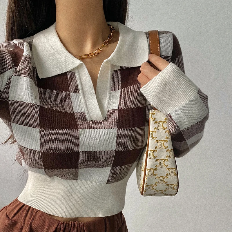 Plaid Lapel Short Knit Pullovers Women Spring Fall American Casual Slim Long Sleeve Sweaters Tops 4 Colors