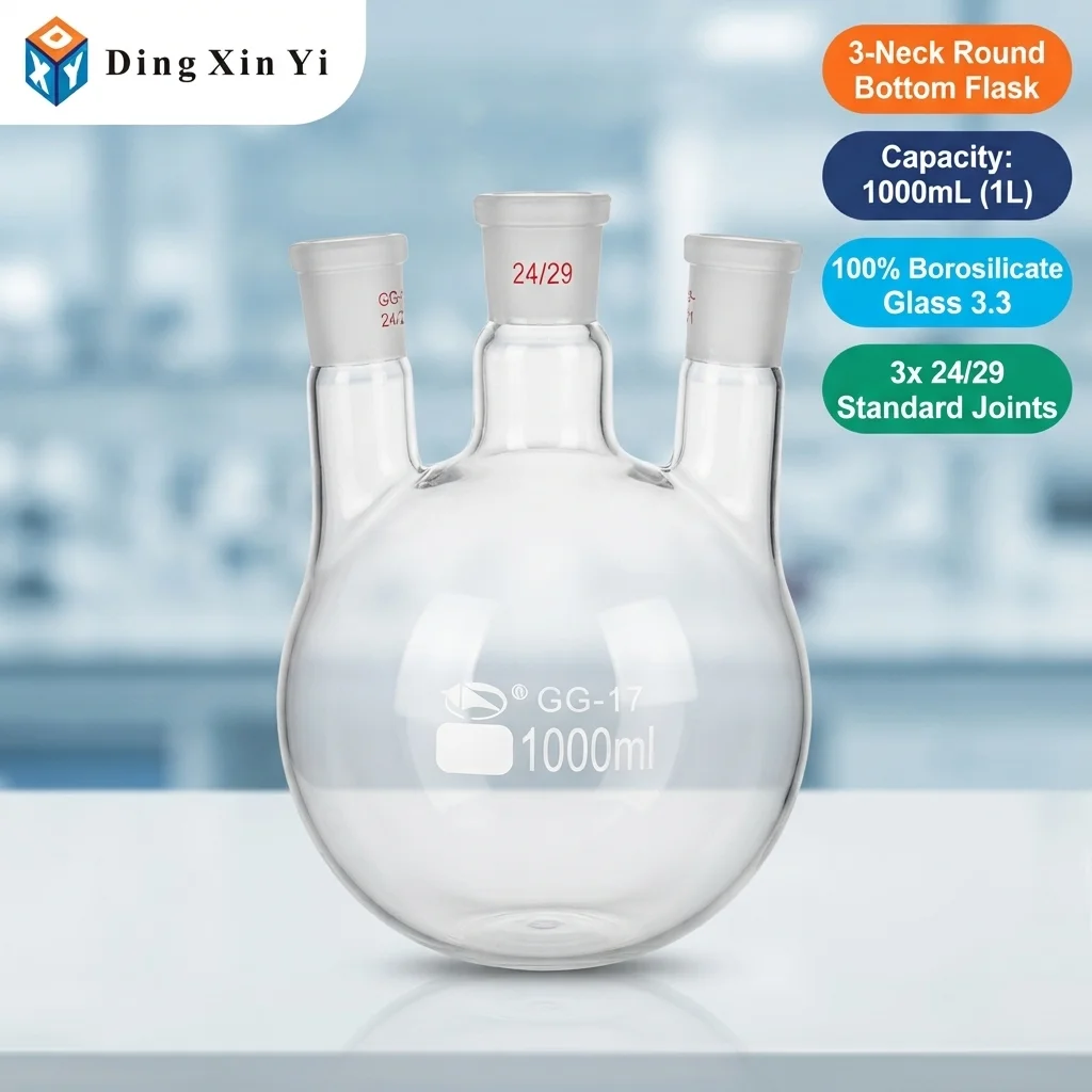 DXY 1000mL 3-Neck Round Bottom Flask 24/29 Standard Ground Joints Borosilicate 3.3 Glass Reaction Vessel for Chemistry Lab