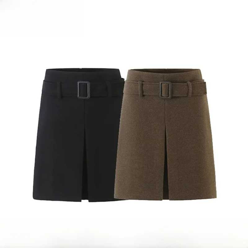 Early Autumn New Arrival Women's Fashion Simple A-Line Belted  Skirt High Waist Polyester Fiber Zipper Design Ladies Skirt