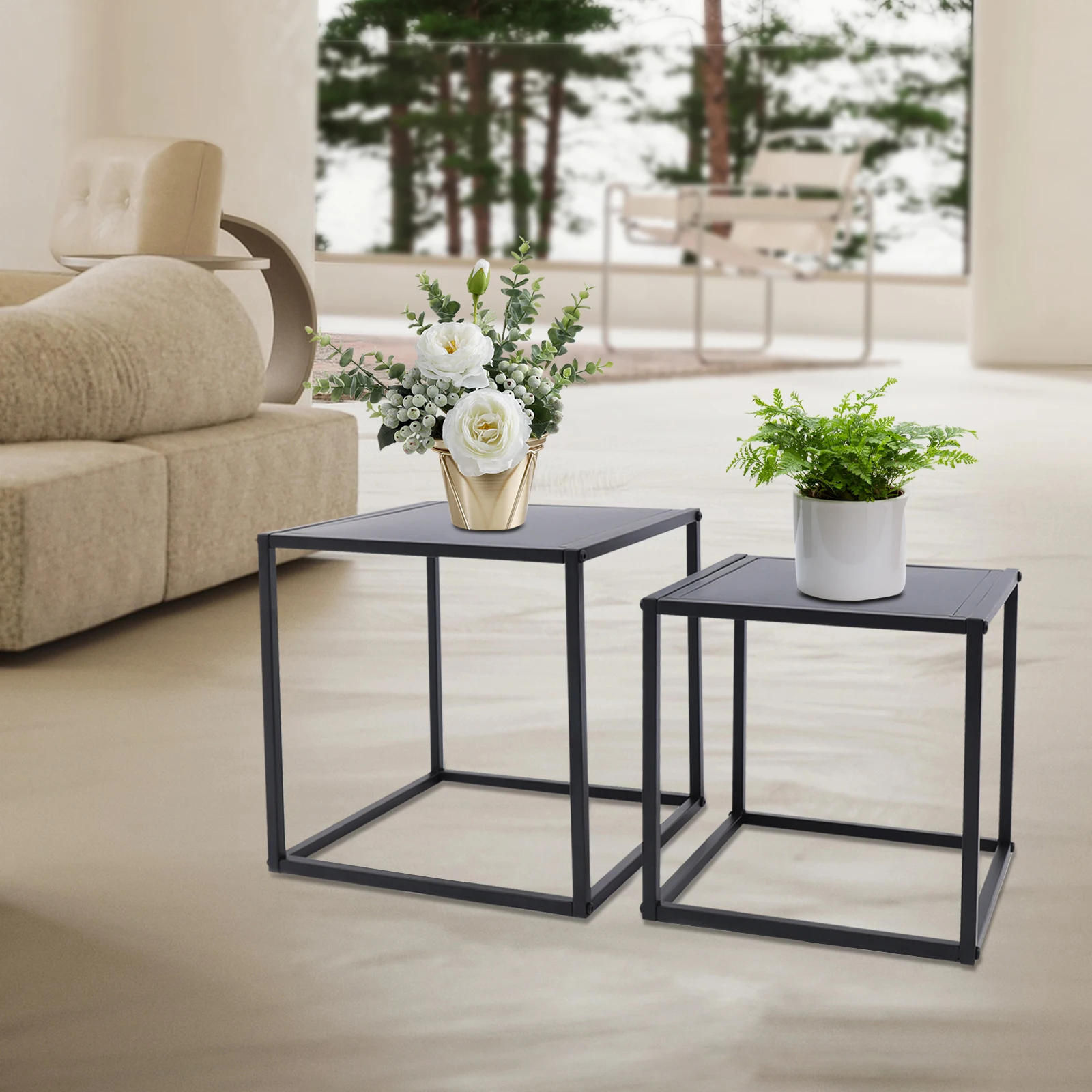 

2PCS Modern Metal Coffee Table Tray Square Side/End Table Office Home Black Sofa Table