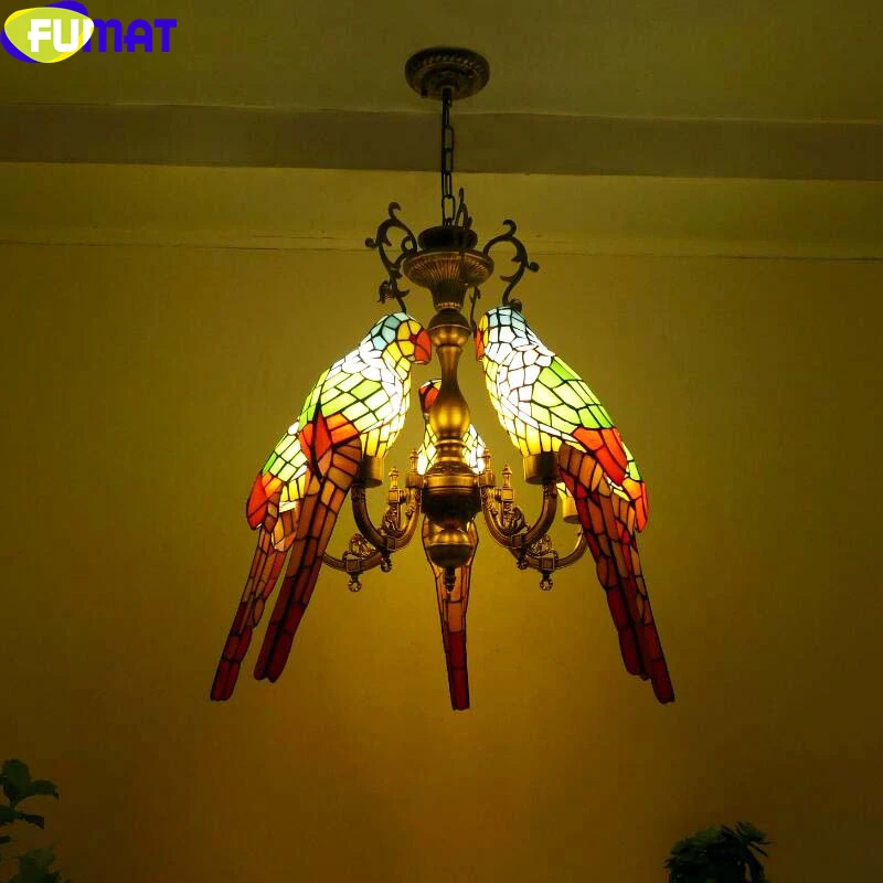 FUMAT 5 Arms Tiffany Style Pendant Lamp Stained Glass Hanging Light Fixture Dragonfly Parrot Flower Shade Home Decor Chandeliers