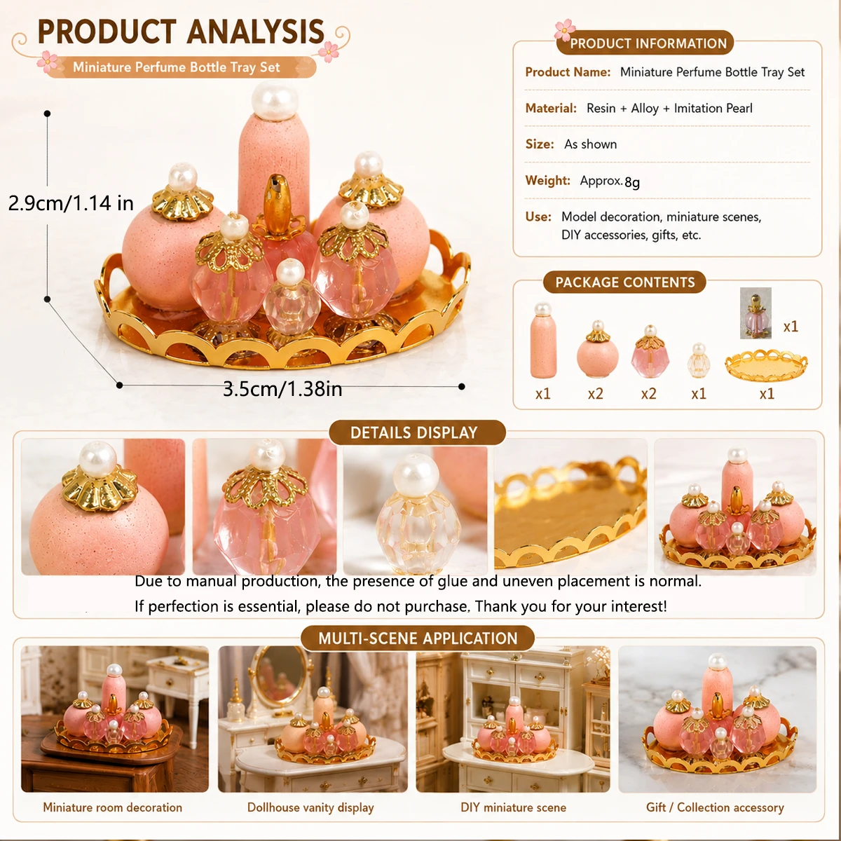 1:12 Dollhouse Miniature Perfume Bottle Set with Gold Tray Mini Cosmetic Decor DIY Doll House Accessories