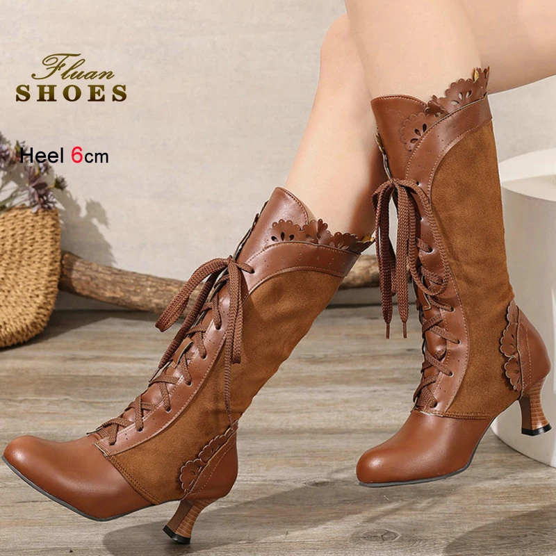 الرجعية الشتاء البني المرأة فارس الأحذية الركبة الجبهة الدانتيل يصل منتصف العجل الأحذية جولة تو كشكش تقليم لوليتا منتصف طول الأحذية حجم 46