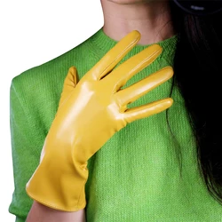 DooWay Women Yellow Long Leather Gloves Faux Latex Leather Sheepskin PU Stretchy 28cm Winter Warm Costume Motorcycle Gloves