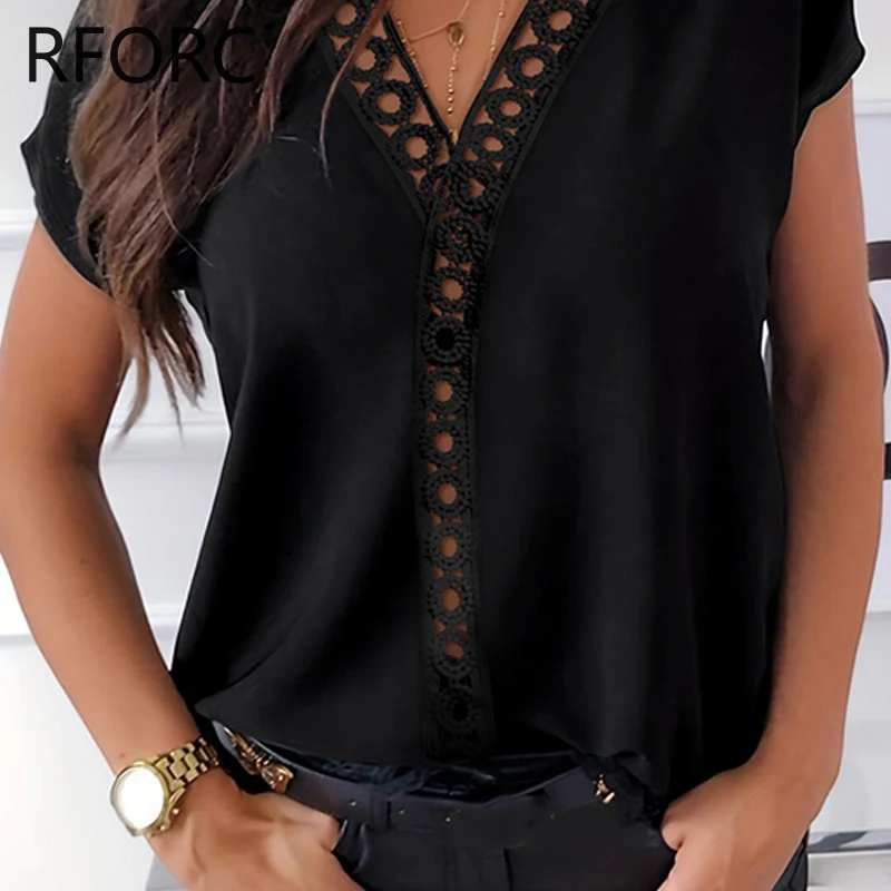 2024 Women Hook Flower Hollow Solid V Neck Short Sleeves Causal Black Blouse Top