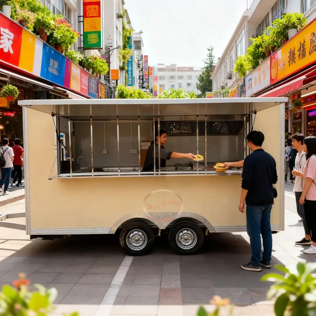 

Outdoor Food Trailer Light Beige Large Window Close Customers Food Concession Stand Catering Business Mobile Kitchen Trailer