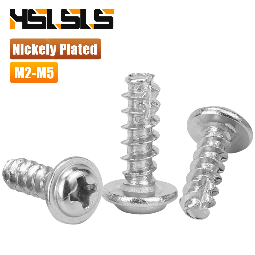 Nickel Plated Cross Pan Washer Head Cutting Tail Tapping Screw M2.3 M2.6 M3 M3.5 M4 M5 Round Head Tapping Screw with Washer