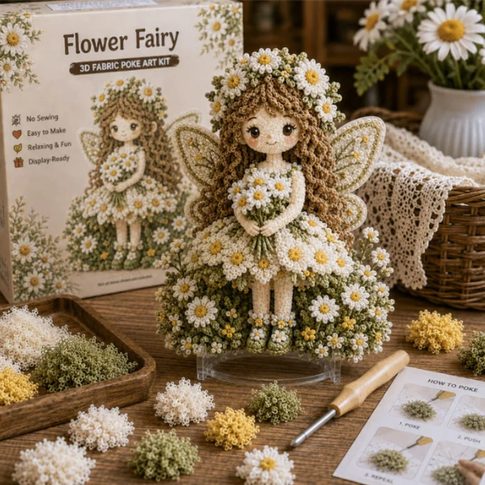 Handmade Flower Fairy Poke Art Kit Stereo Visuals No Sew DIY Poke Art Beginner Friendly Thick Board Embroidery Craft Set