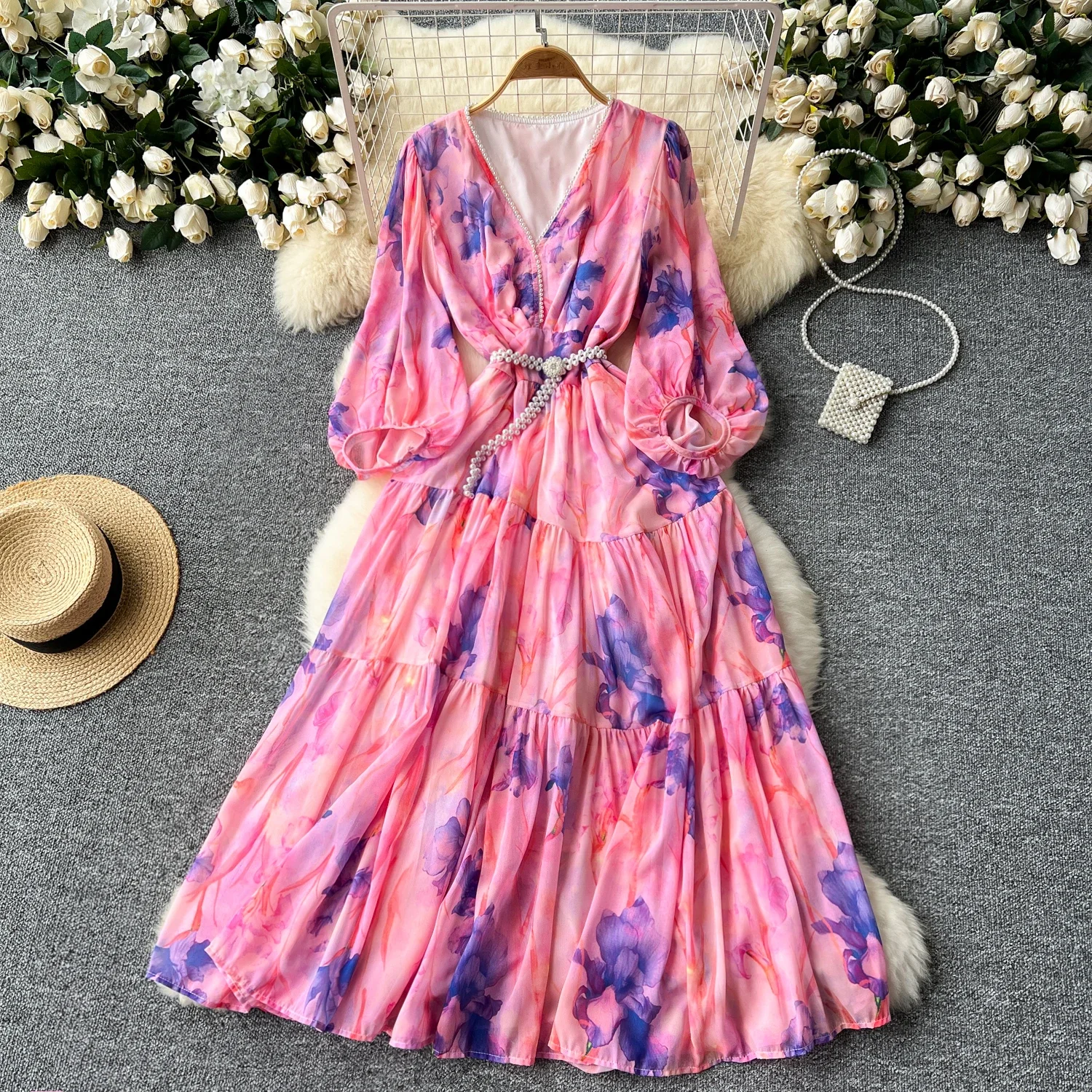 French Style Elegant Women Dress Lantern Sleeve Slim Waist V-neck Ruffles Print Robe 2025 Autumn Vintage Chic Vestidos Mujer