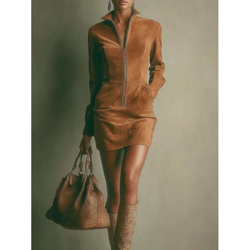 الخريف أوروبا وأمريكا جديد الجلد المدبوغ سستة جيب كم طويل الوقوف الياقة اللباس #5