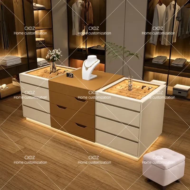 Floor to Ceiling Jewelry Cabinet Household Multi Functional Locker Artificial Leather Middle Island Solid Wood Storage