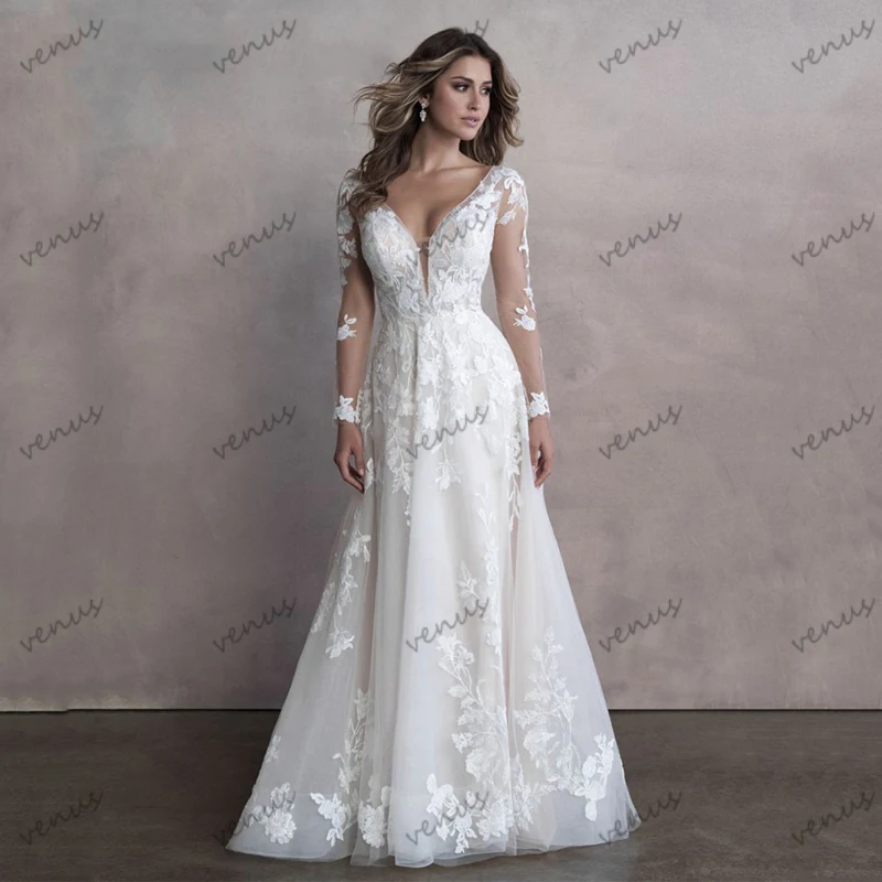 

Gorgeous Wedding Dresses Vintage Bridal Gowns Lace Appliques Full Sleeves Robes Glamorous Luxury Vestidos De Novia Customized