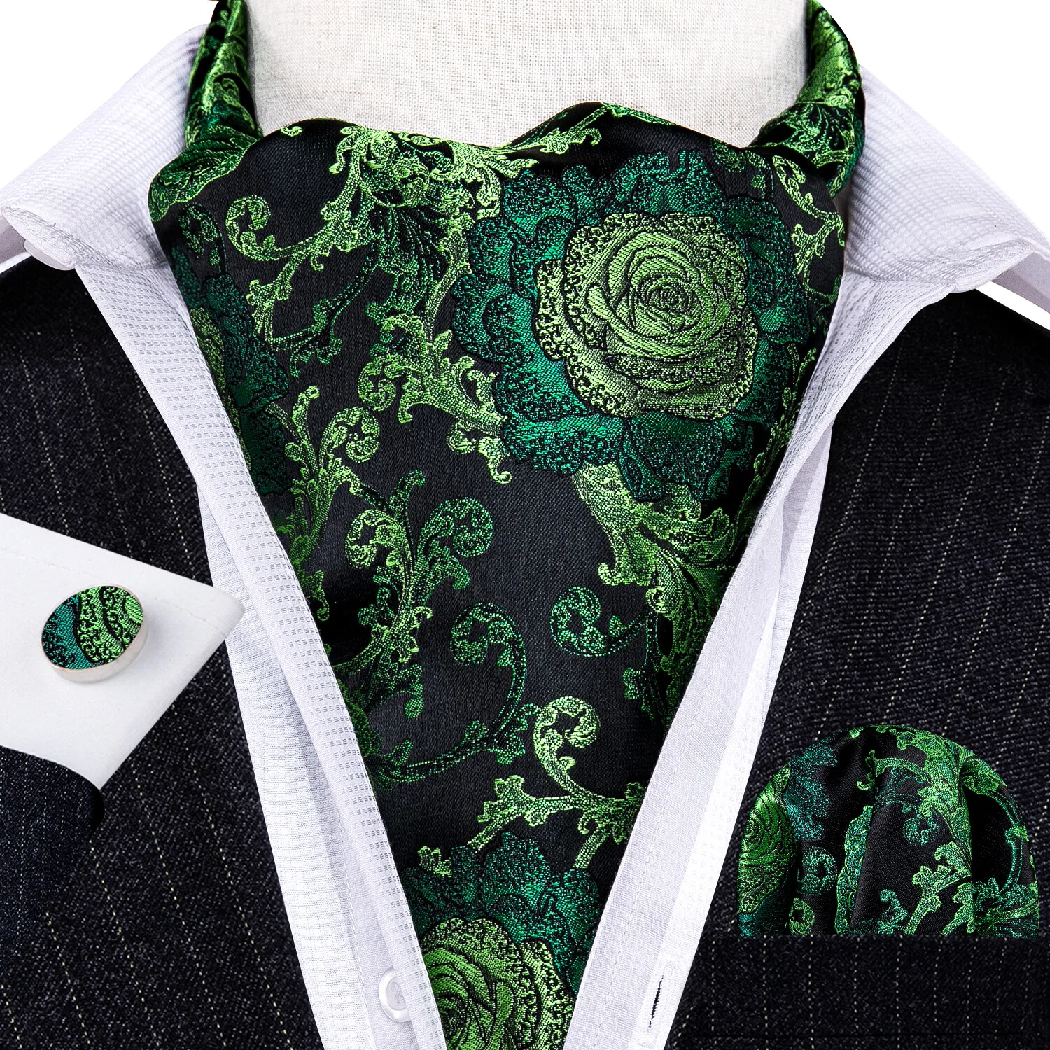 Barry.Wang Fashion Men Ascot Paisley Floral Solid Blue Green Purple Cravat Tie Scrunch Self British Set Formal Wedding Party