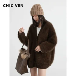 CHIC VEN Women Sweaters Loose New Rabbit Hair Solid Female Jumper Coat Woman Soft Knitted Cardigan Autumn Winter 2023