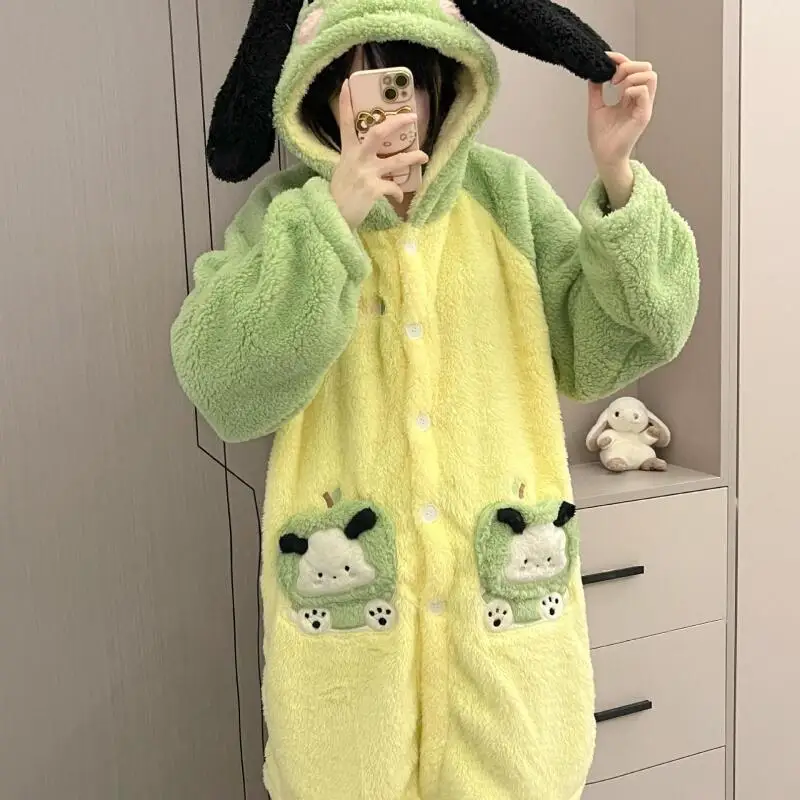 

Женская плюшевая толстая коралловая бархатная пижама с капюшоном, милые пижамы с героями мультфильмов, зимняя фланелевая домашняя одежда, костюм, зеленый халат