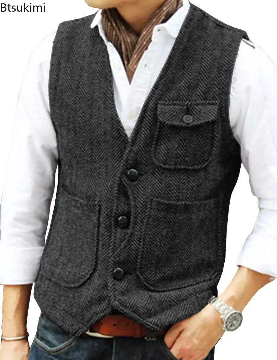 

Hot Sale Men's V Neck Herringbone Tweed Waistcoat Vintage Classic Formal Vest Business Casual Suit Vest Wedding Groom Tops Male