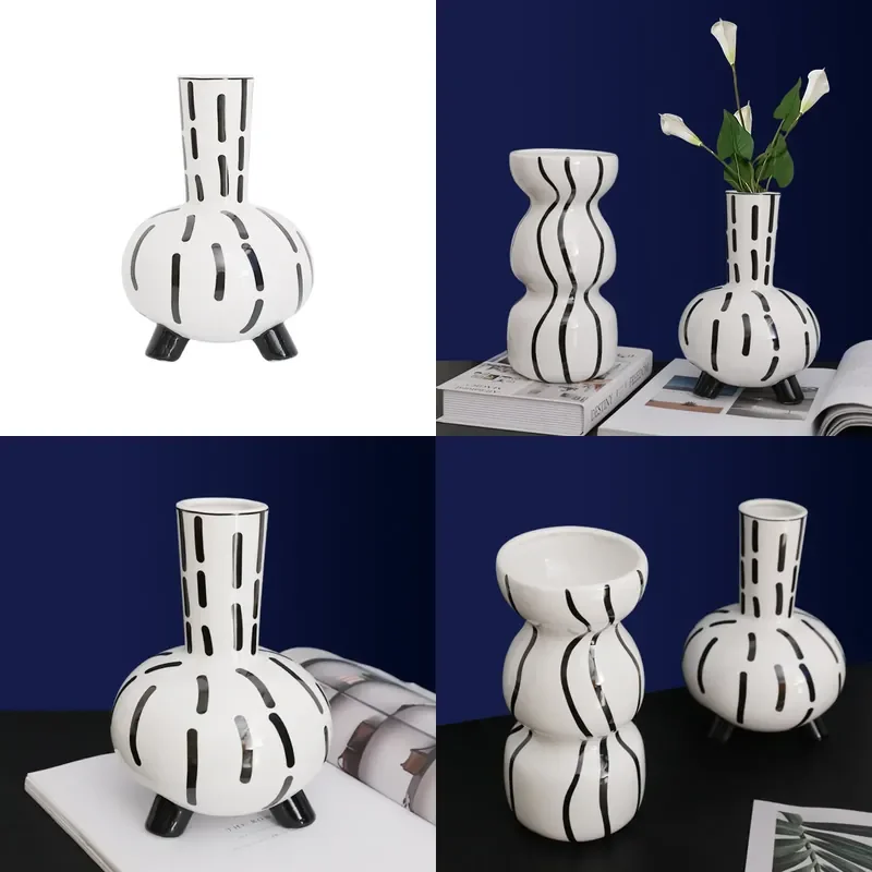 Nordic Handmade Ceramic Vase Black White Artistic Irregular Shape Retro Home Decor Flower Arrangement Modern Minimalist