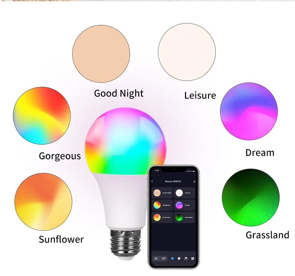 E27 LED Smart Bulb WiFi Tuya Smart Life APP Control Dimmable 15W 18W RGB+CW+WW Light Bulb For Home Bedroom Hotel Bar Party Decor