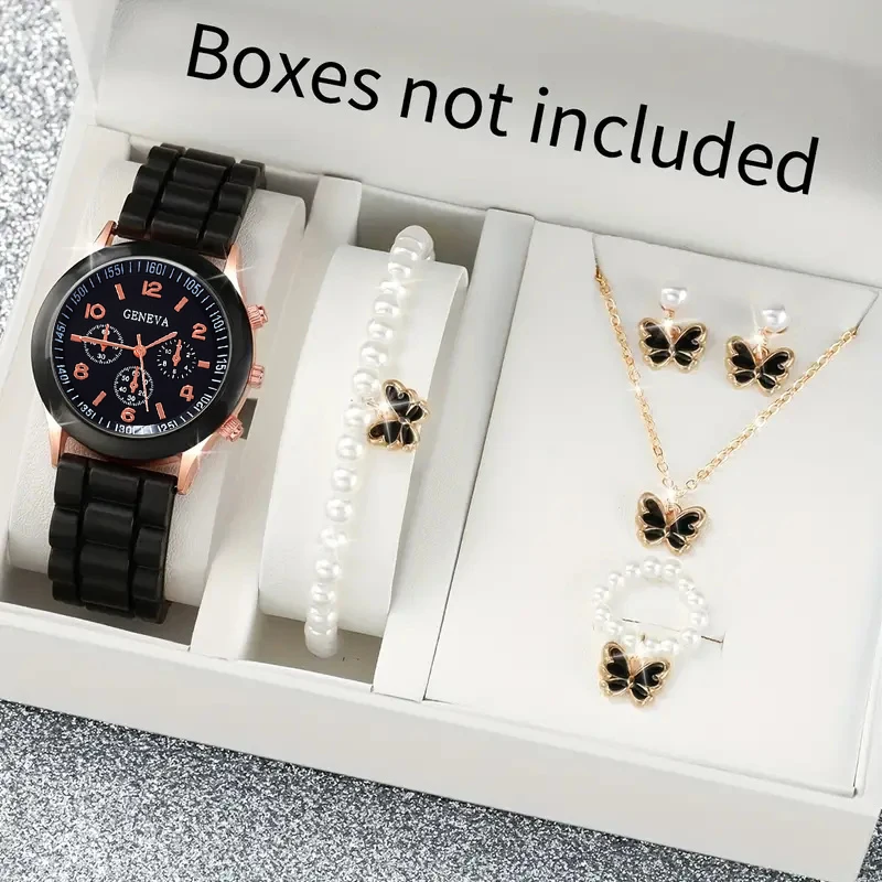 5PCS Black fashion design Ladies silicone quartz watch with white beaded black butterfly bracelet necklace ring set gift