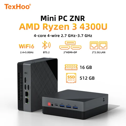 TexHoo MINI PC AMD Ryzen 3 4300U Windows 11 16G DDR4 512G NVME Pcle3.0 SSD 2.5GLAN WIFI6 BT5.2 Dual 4k Display Desktop Computers
