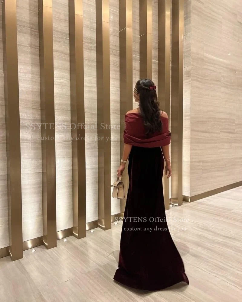 SSYTENS 高級ベロアイブニングドレス女性ボートネックフォーマルな機会シャーリングサイドスリットウェディングパーティーロングウエディングドレスカスタマイズ