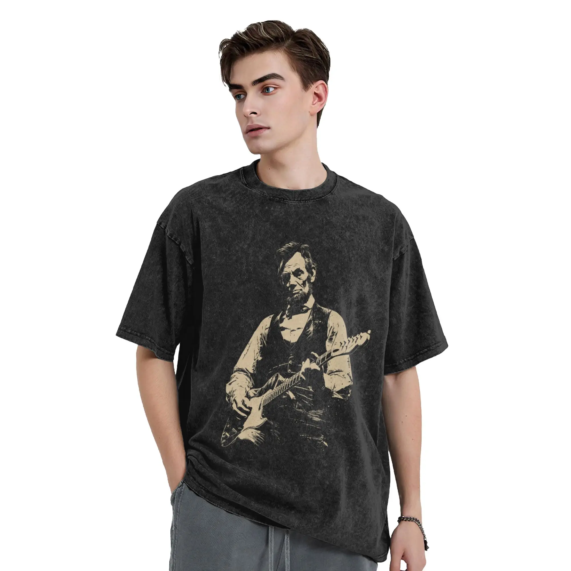 Abraham Lincoln Abe Lincoln Playing Guitar T-Shirt Men Fashion Pure Cotton Tees Crewneck Short Sleeve T Shirt Plus Size Clothing