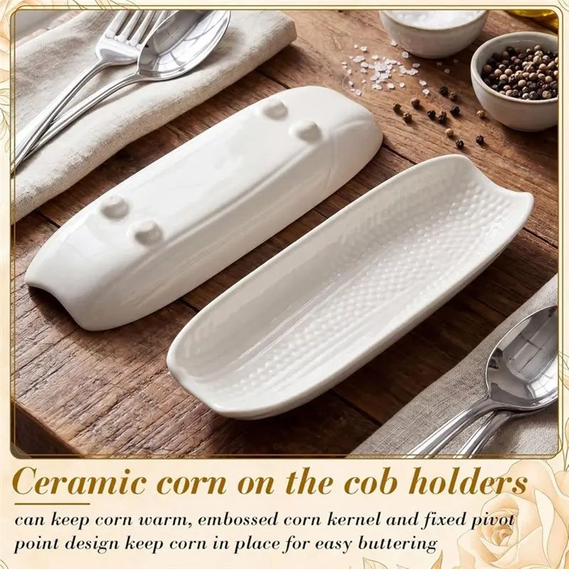 ABUI-Corn Dishes Set Of 4, Stoneware Corn On The Cob Holders, 8.8 Inches Long, Dishwasher And Microwave Safe, Charming