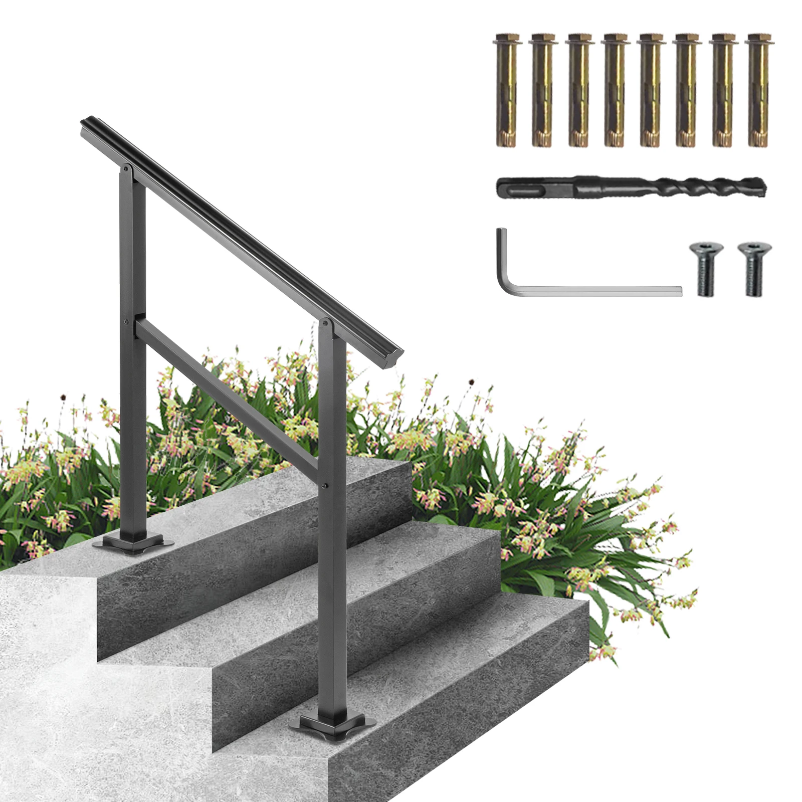 SucceBuy Outdoor Handrail 165LBS Load Aluminum  36 x 35\" Outdoor Stair Railing  Handrail Fits 2-3 Steps with Screw K for Home