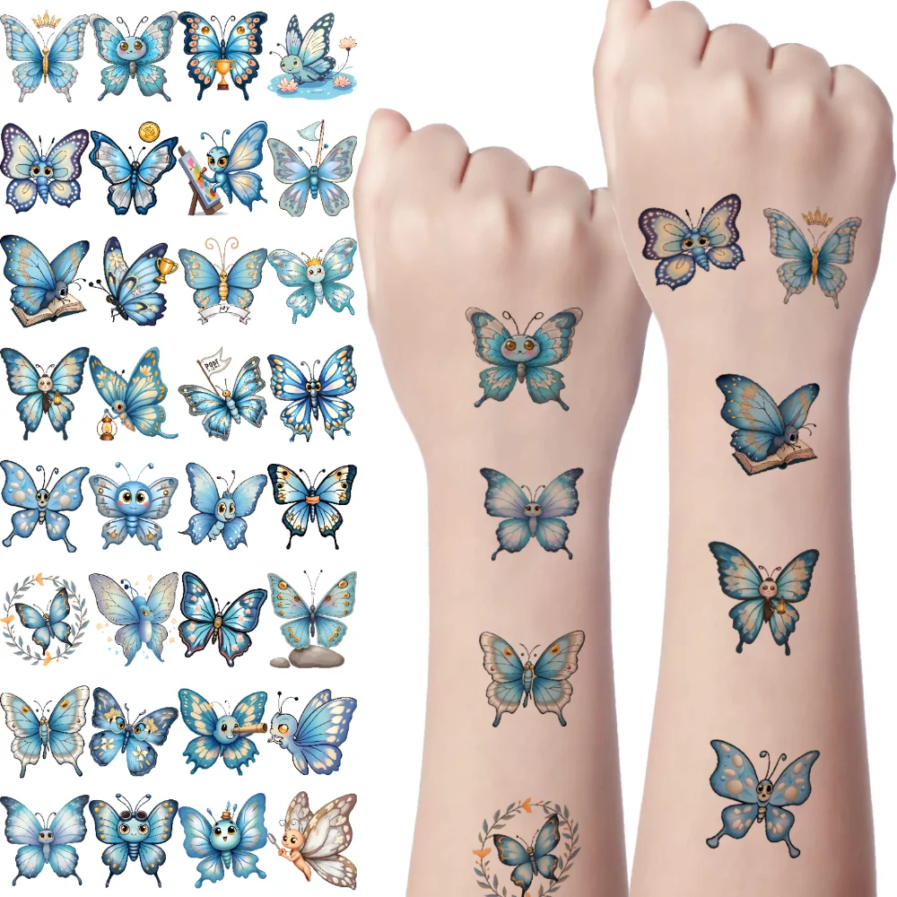 54pcs Temporary Tattoo Butterfly Stickers Waterproof Long-lasting Body Stickers Blue Stickers For Arms Shoulders Cheeks