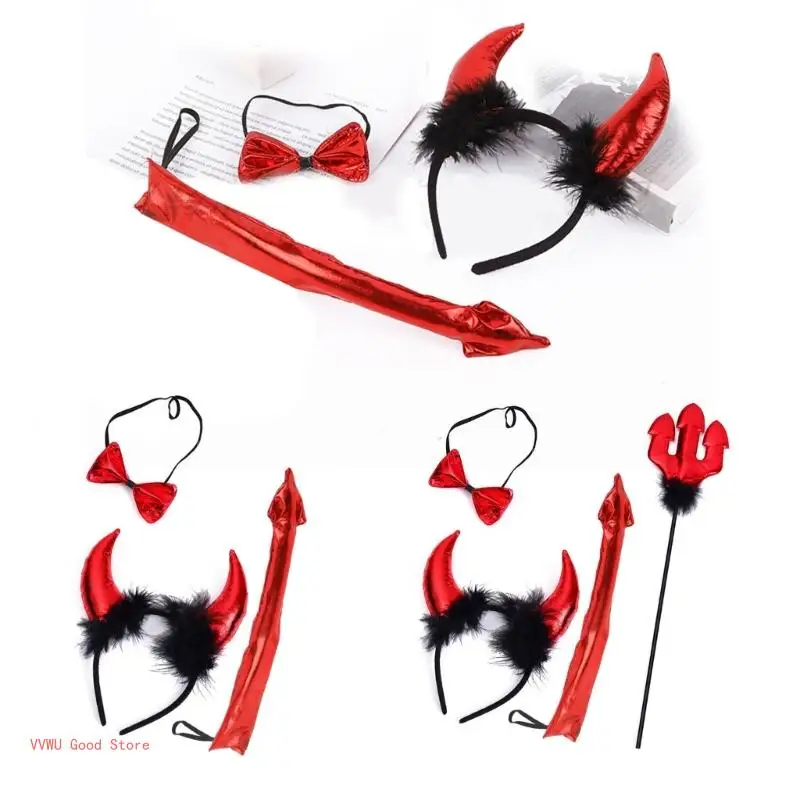 Funny Devil Horn Headband&Tail&Bowtie Set Hairbands Girl Carnivals Hair Decors