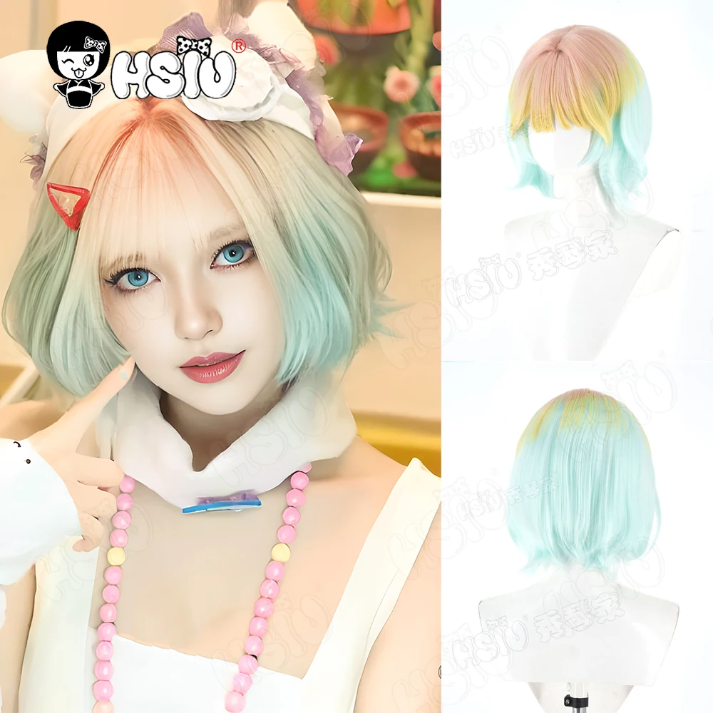 

Poffy Cosplay Wig Fiber synthetic wig「HSIU」Orange pink gradient yellow green short Wig Game Path To Nowhere Cosplay Wig