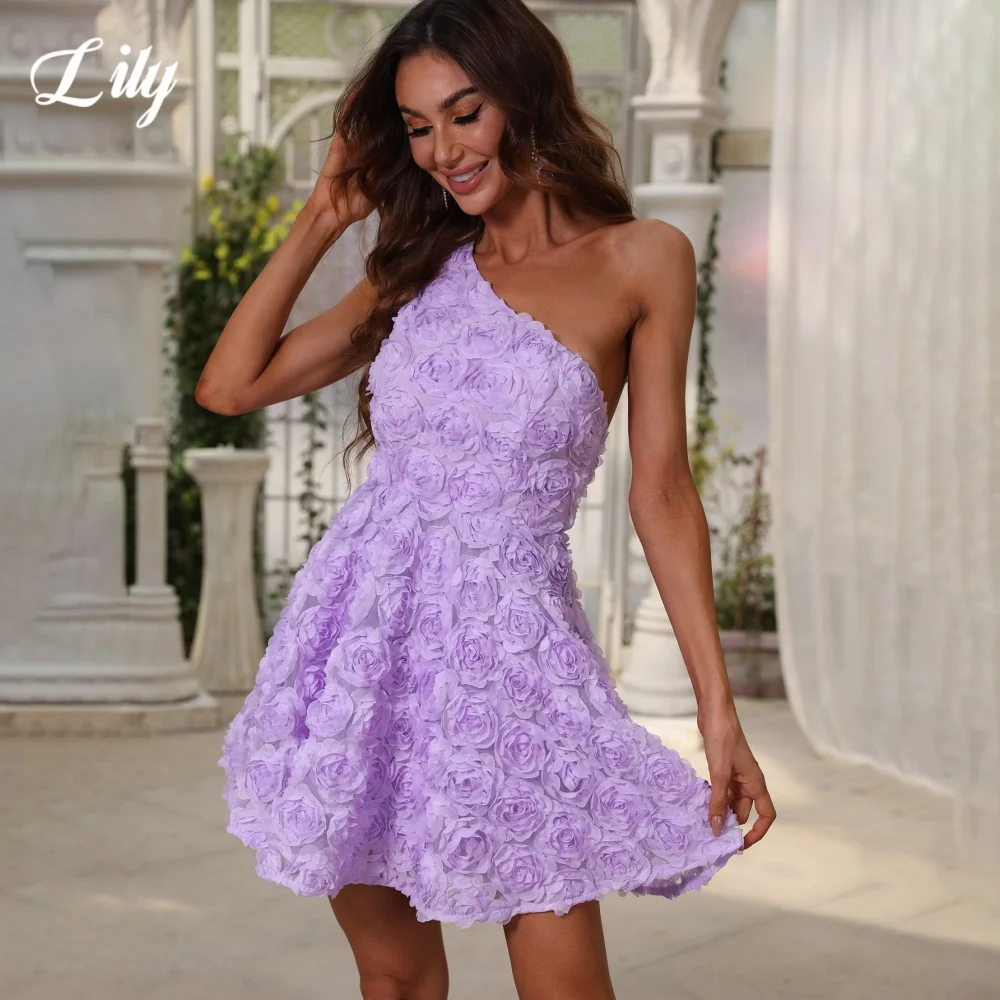 

Lily Purple 3D-Flowers Elegant Prom Gown One Shoulder Backless Prom Dress A-Line Mini Skirt Evening Dress robe de bal Customized