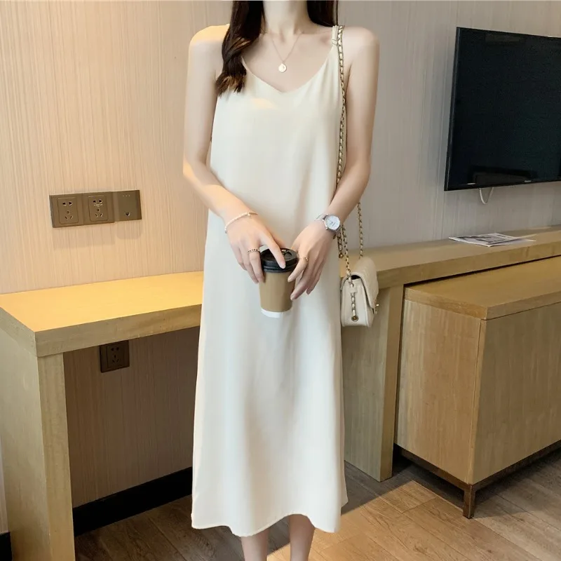 

Summer New Women's Strapless V-Neck Midi Dress Chiffon Material Sleeveless Elegant Long Skirt Commute Style Loose Waist