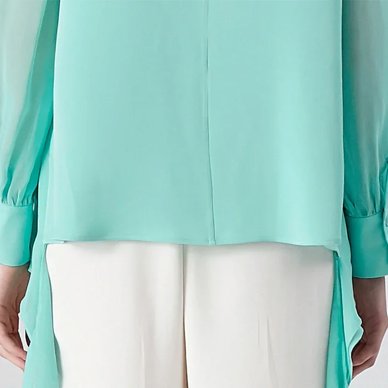 (خصم حصري للمشجعين) بلوزات VOA باللون الأخضر الحريري برقبة دائرية وأكمام طويلة قميص فطر شجرة صالحة للأكل بصدر واحد ربيع BE1358