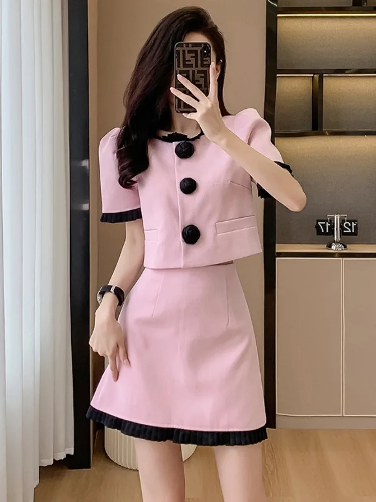 Women Elegant Vintage Fragrant Pink Suits New Chic Short Jacke Coat Top + Mini Skirt Two Piece 2024 Summer Lady Y2K Sweet Outfit