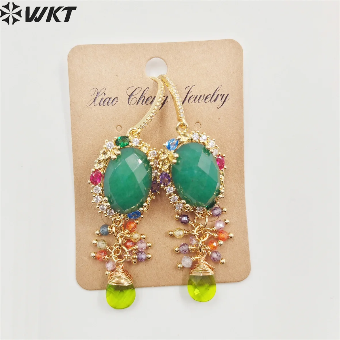 WT-E705 Charming Lady Colorful Handmake Dangling Hoops With Natural Gemstone Cubic Zircon Decorative Stone Earrings