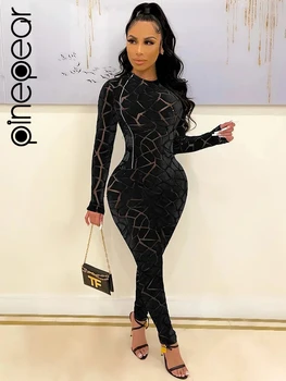 PinePear Mesh Velour סקסי Romper סרבל נשים צד רוכסן ארוך שרוול לילה החוצה מועדון מסיבת Bodycon חתיכה אחת כולל עבור נשים