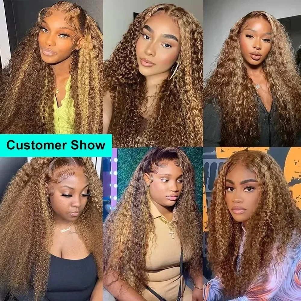 Pelucas frontales de encaje de onda profunda para mujeres, cabello humano, rubio miel, transparente, prearrancado, 13x4, 4/27